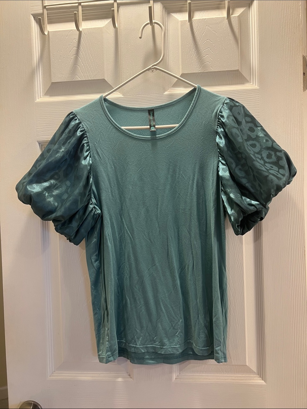 Cheetah Satin Puff Sleeve Knit Top in Teal